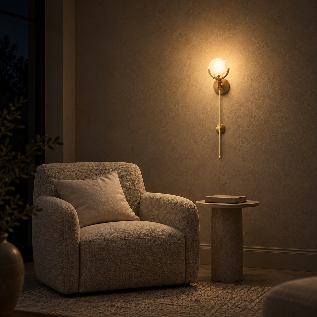 Serrinte brass LED wall sconce lit in a living room at night, the whole face glowing onto the wall