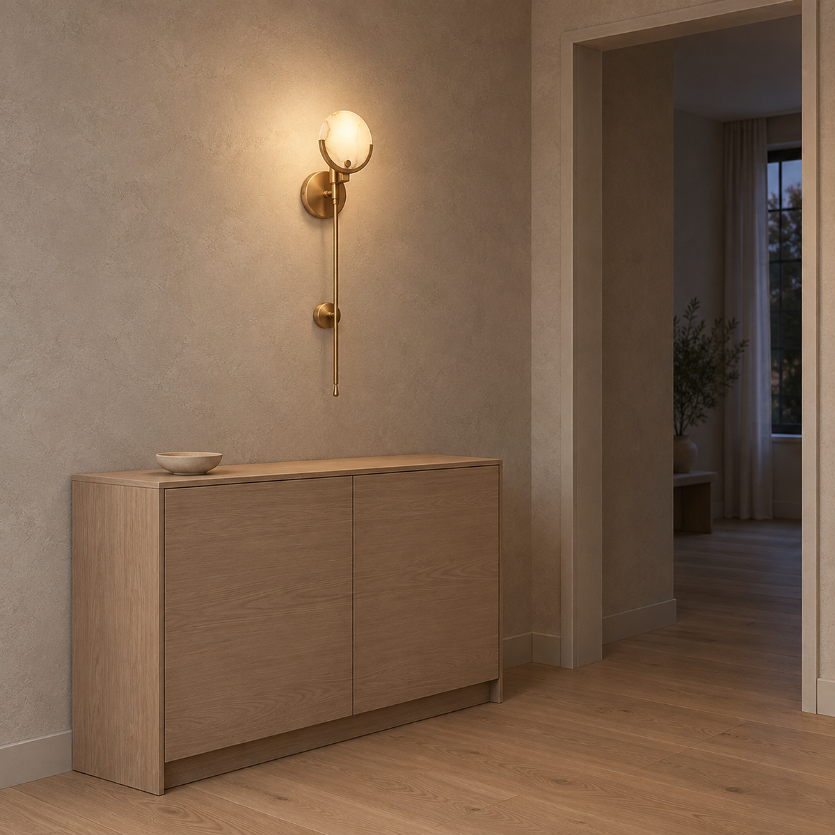 Serrinte brass wall sconce lit in a hallway, held by a round top plate and a smaller plate behind the stem
