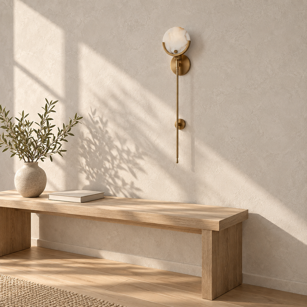 Serrinte brass wall sconce switched off on a sunlit stair landing, pale stone disc and brass cradle