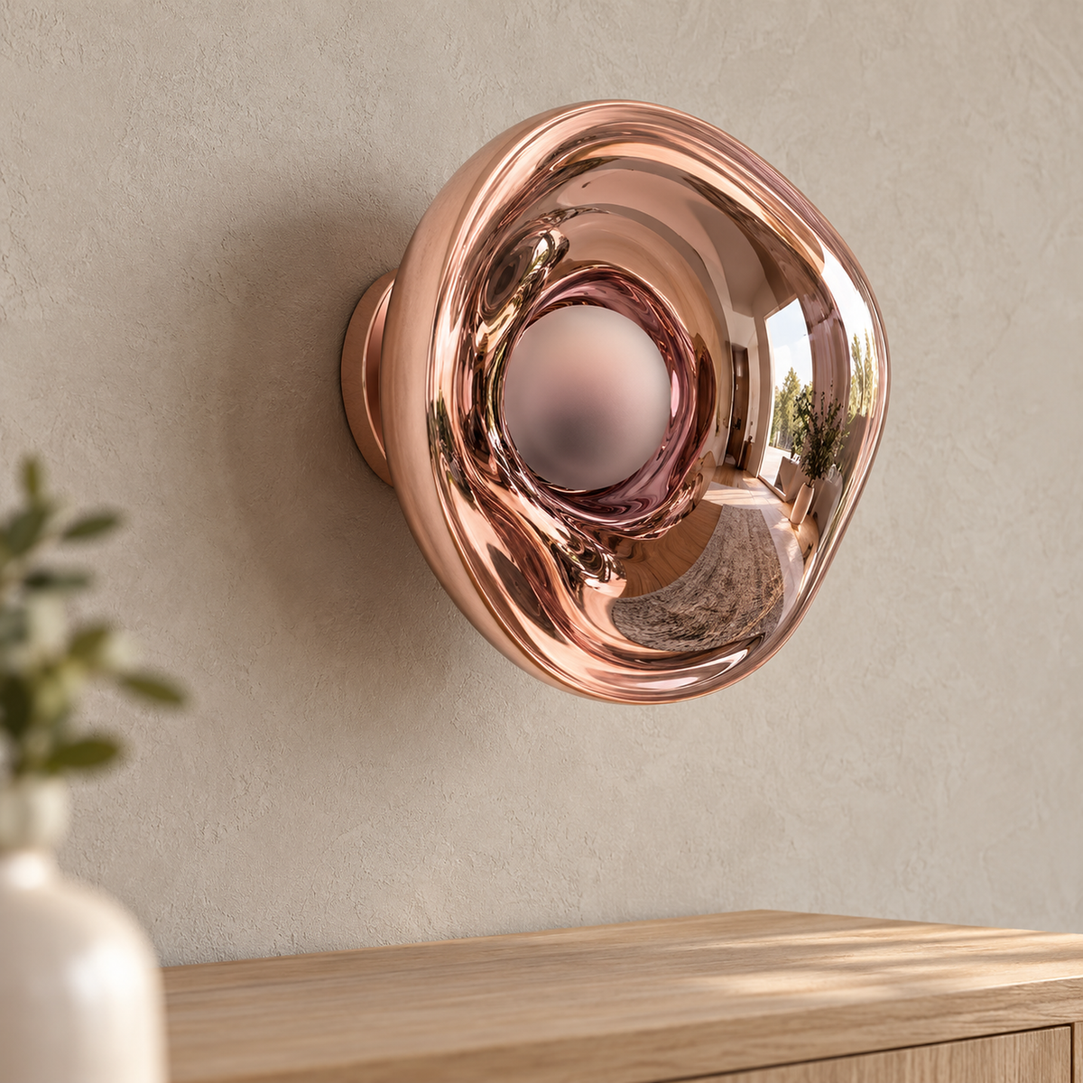 Sevalira rose gold wall lamp close up on its reflective shell and rounded rim