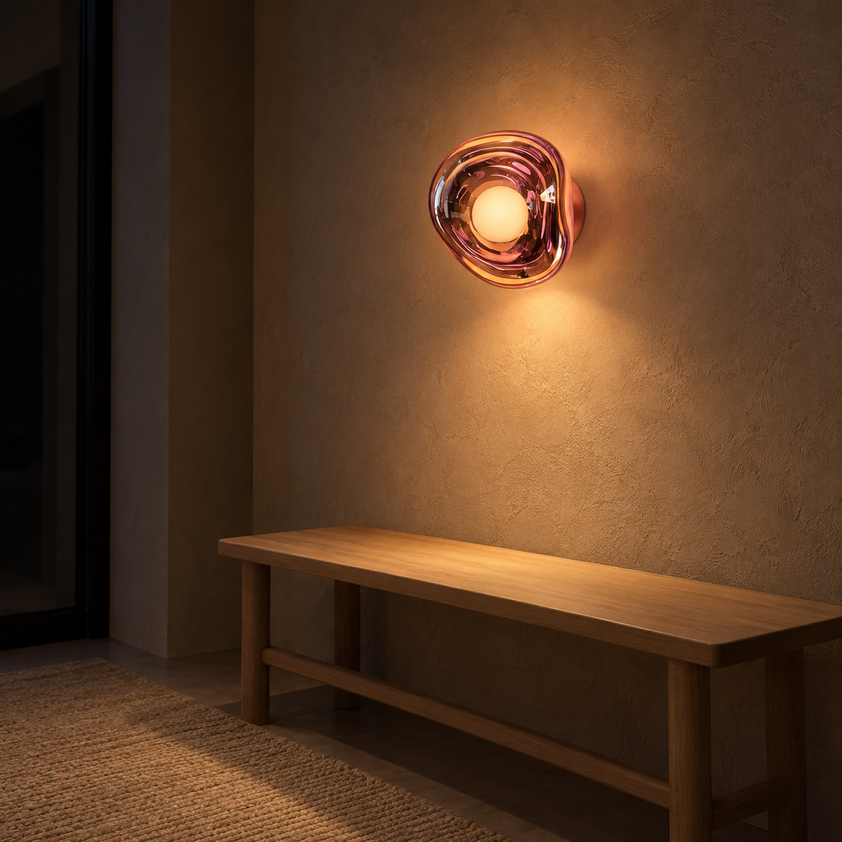 Sevalira rose gold wall lamp warming an entryway after dark with warm white light