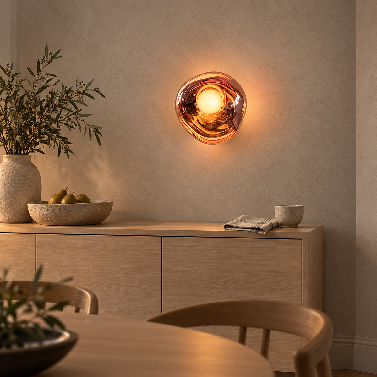 Sevalira rose gold wall light with the bulb that comes in the box glowing inside