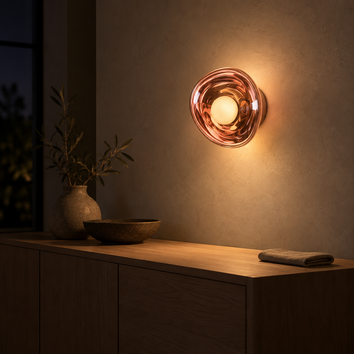 Sevalira rose gold wall sconce casting warm white light across a dark dining room
