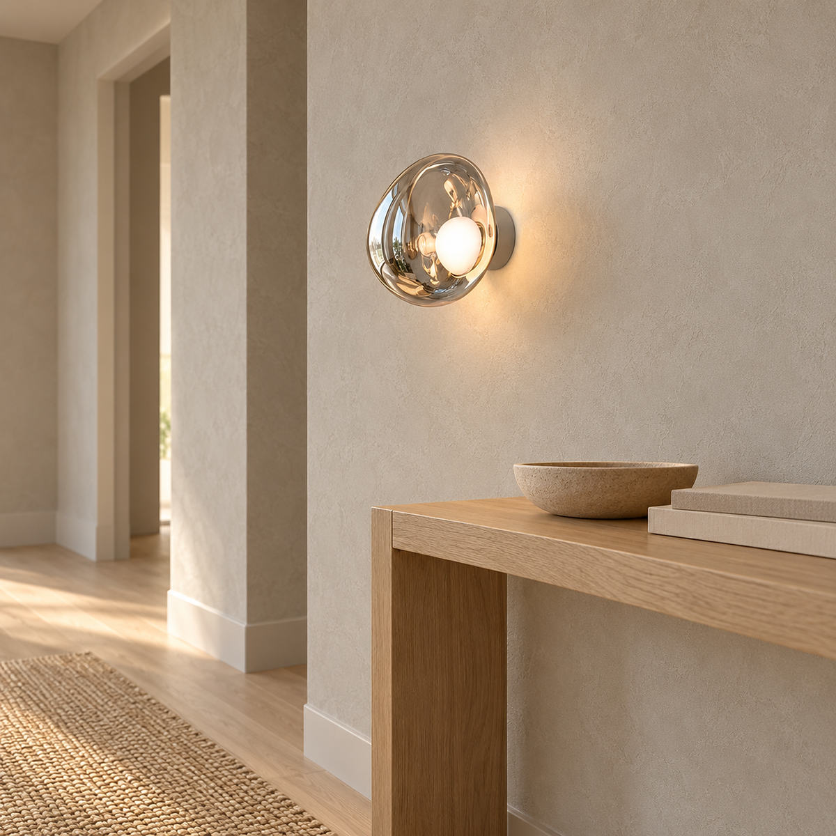 Sevalira silver wall lamp glowing above a clear entry console in daylight #color_silver