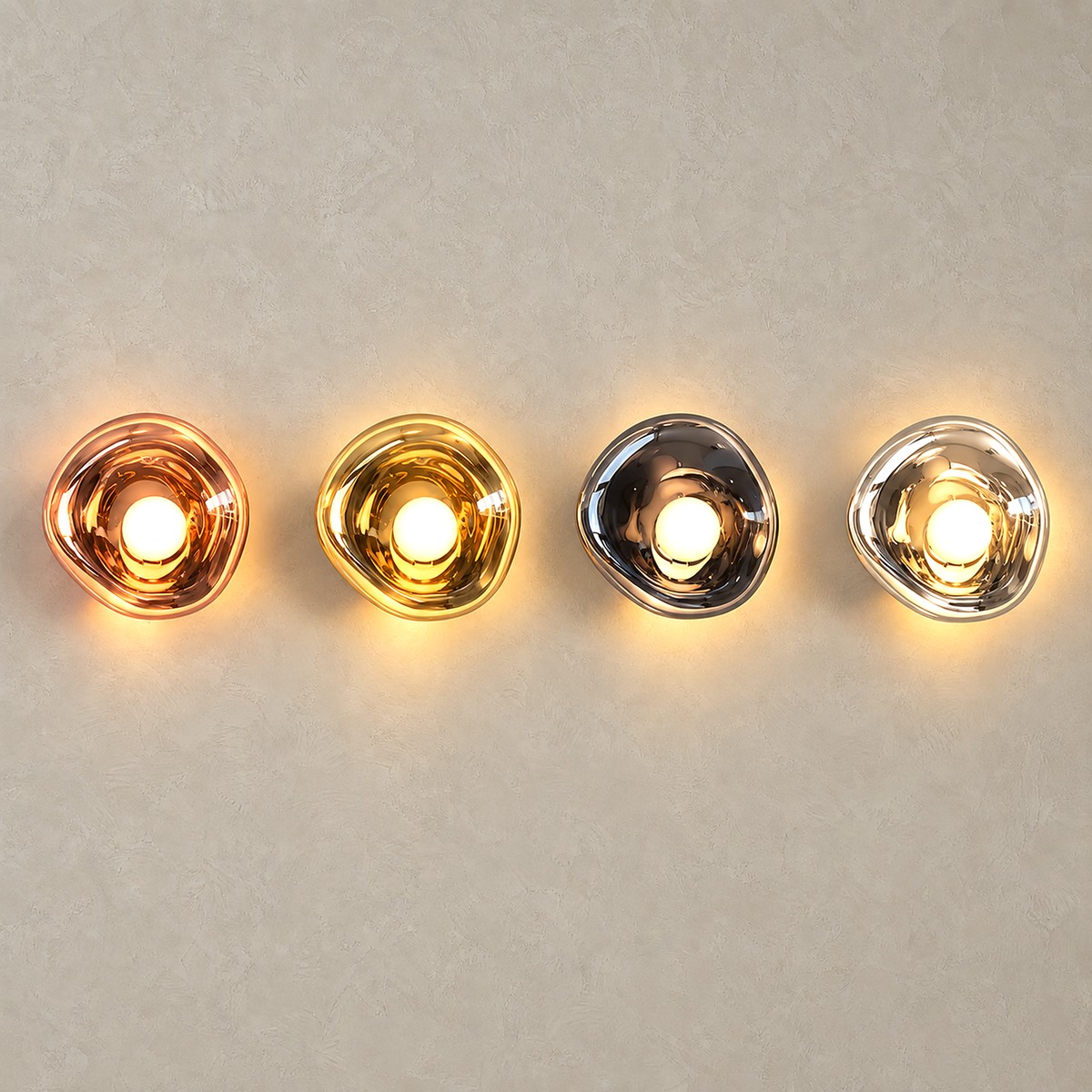 Sevalira wall lamp color variants shown lit in rose gold, gold, smoke gray and silvery