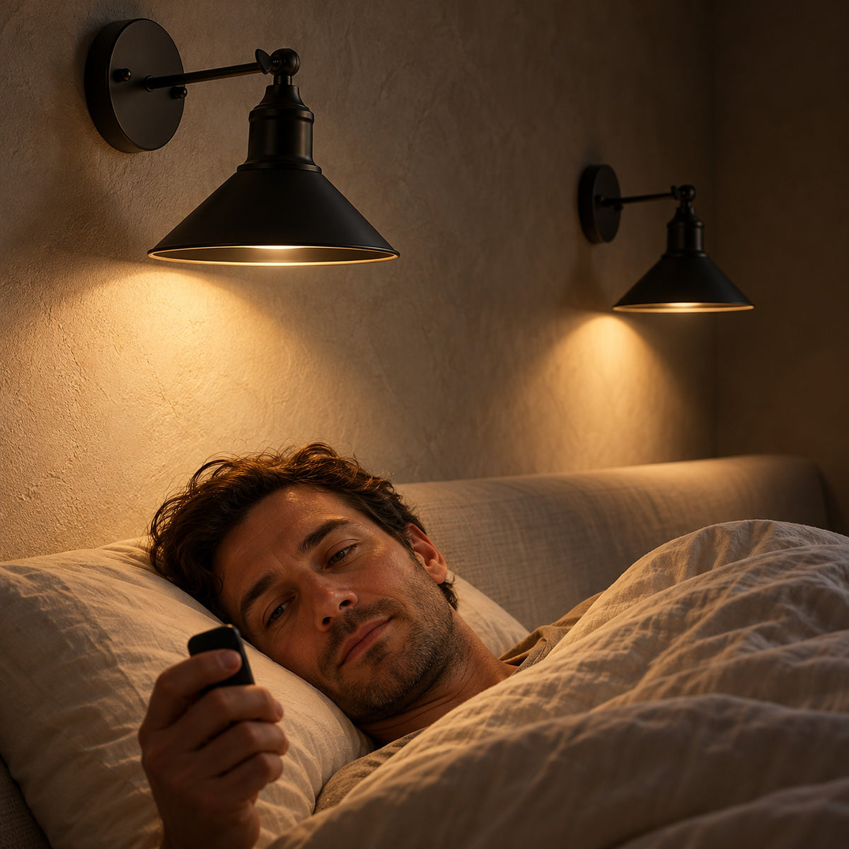 Sevarlo black bedside wall light pair switched on by remote from under the covers in a guest alcove