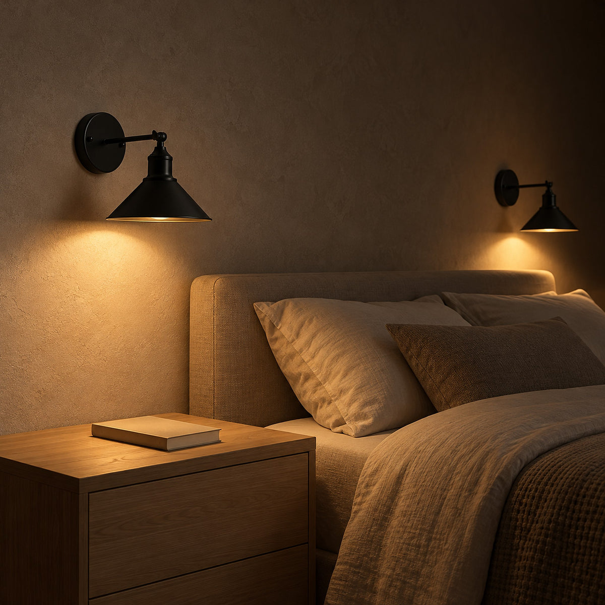 Sevarlo black dimmable wall lamp pair glowing above a made bed at night