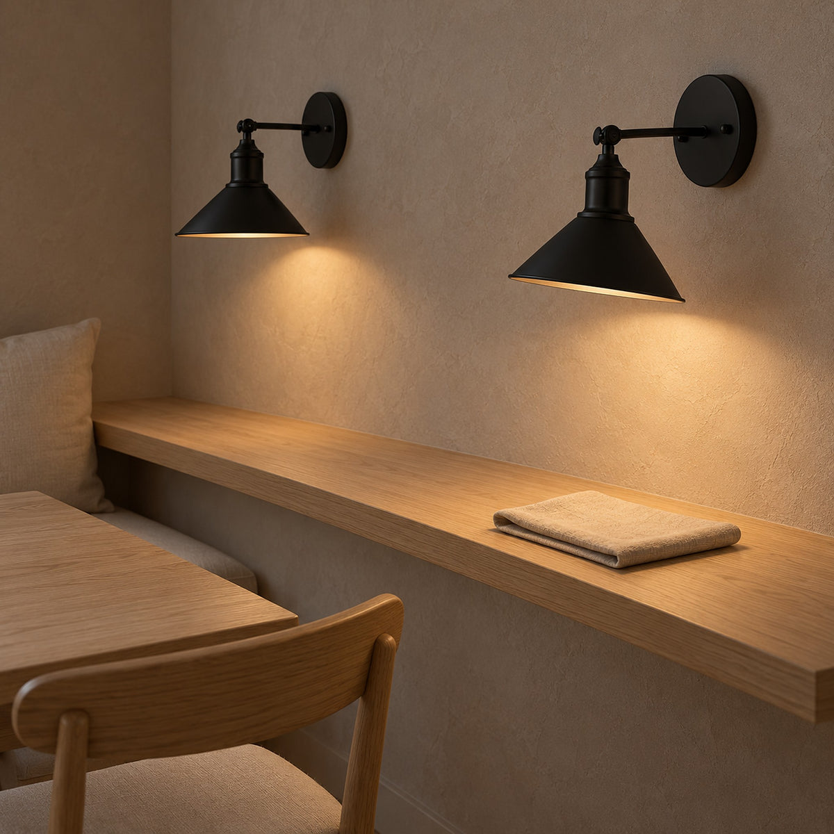 Sevarlo black rechargeable wall sconce pair lighting a dining nook from wide conical shades