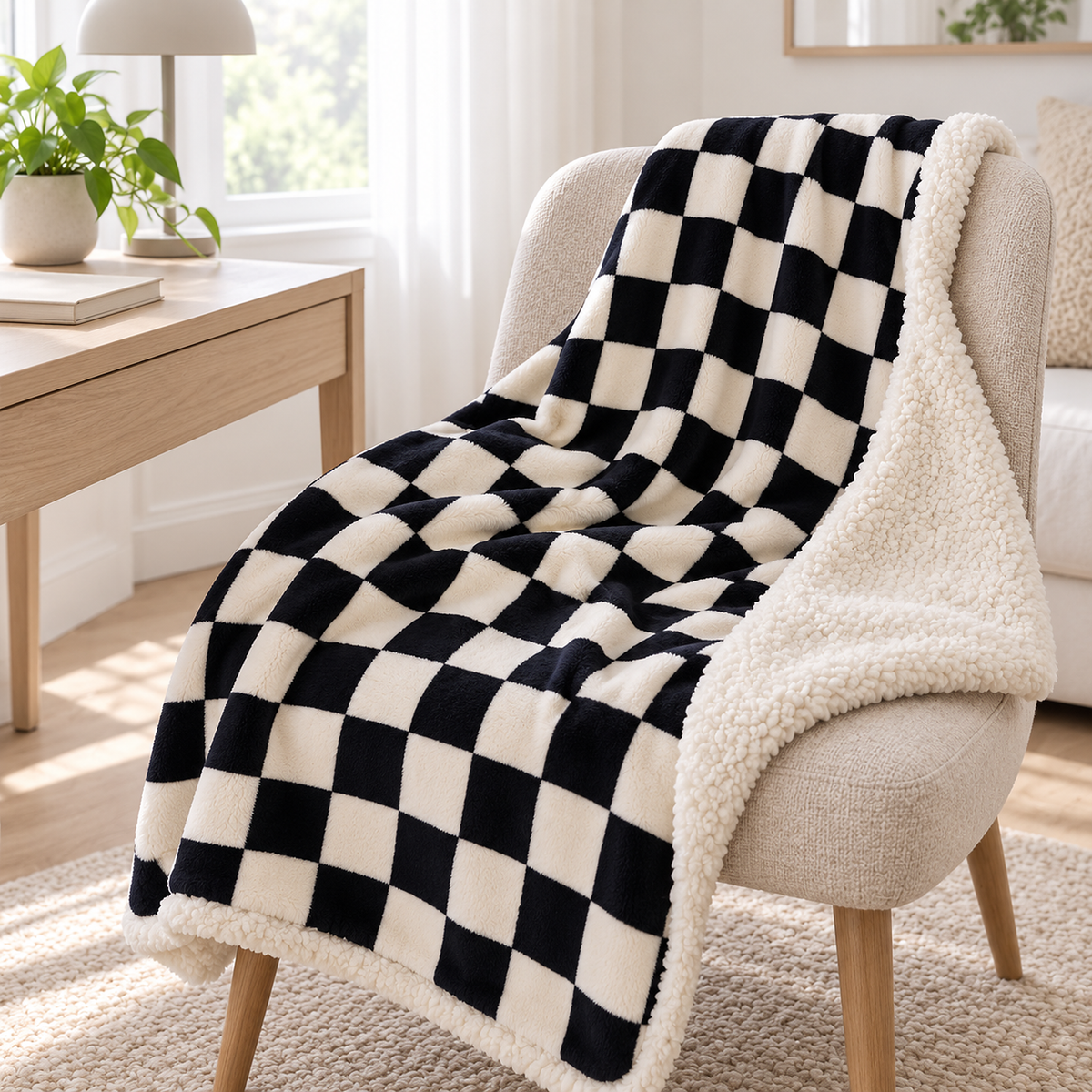 Sevorla black checkerboard fleece throw blanket corner turned back to reveal the cream nubby reverse