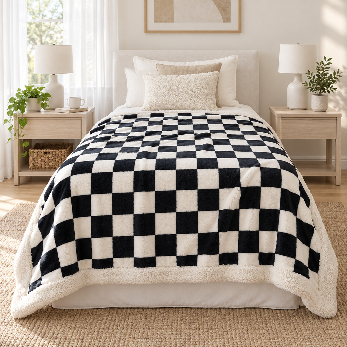 Sevorla black checkerboard fleece throw blanket in the large size spread over a twin bed in a guest bedroom