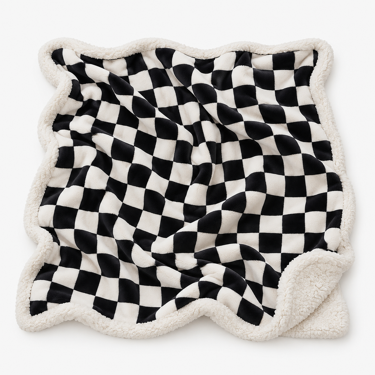 Sevorla black checkered fleece throw blanket laid fully open on a plain seamless backdrop