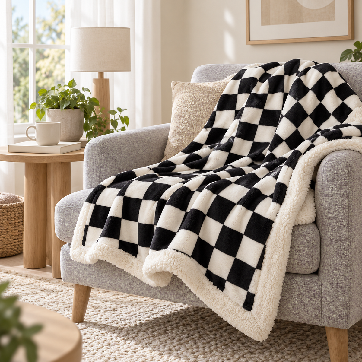 Sevorla black fleece throw blanket edge profile in a daylit bedroom seating alcove