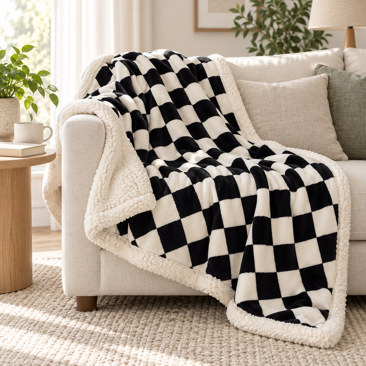 Sevorla black throw blanket for couch draped open over a sofa arm in a daylit living room