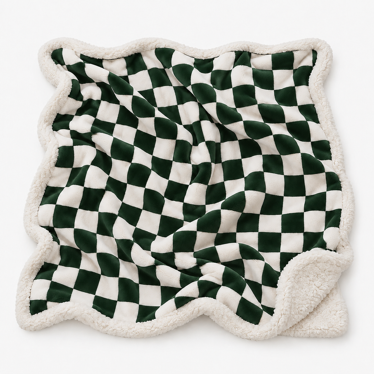 Sevorla green checkerboard fleece throw blanket shown fully open against a seamless backdrop #color_green