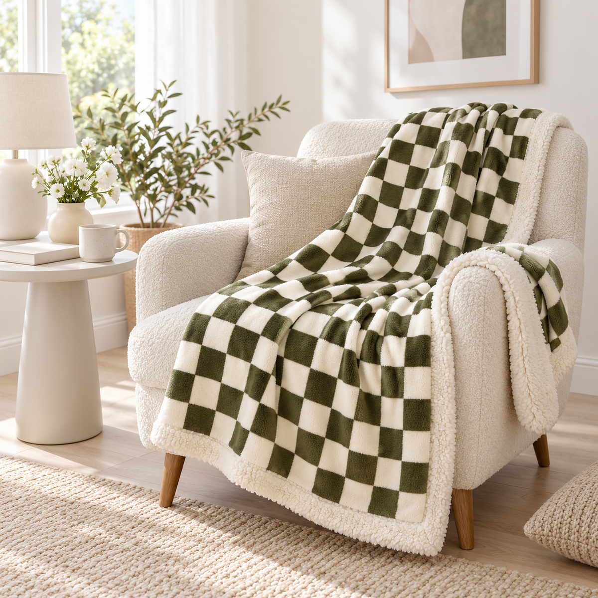 Sevorla green checkerboard throw blanket for couch draped over the arm of a chair in a sitting alcove #color_green