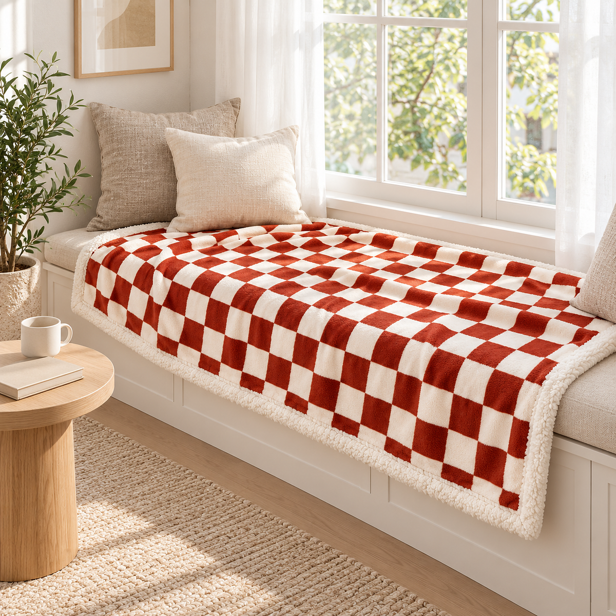Sevorla red throw blanket for couch spread open across a bright cushioned window bench in a breakfast nook #color_red