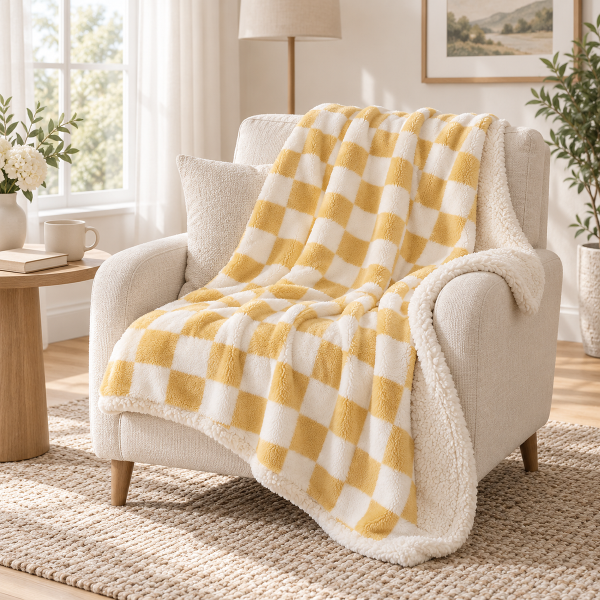Sevorla yellow throw blanket for couch bringing checkerboard color to an armchair #color_yellow