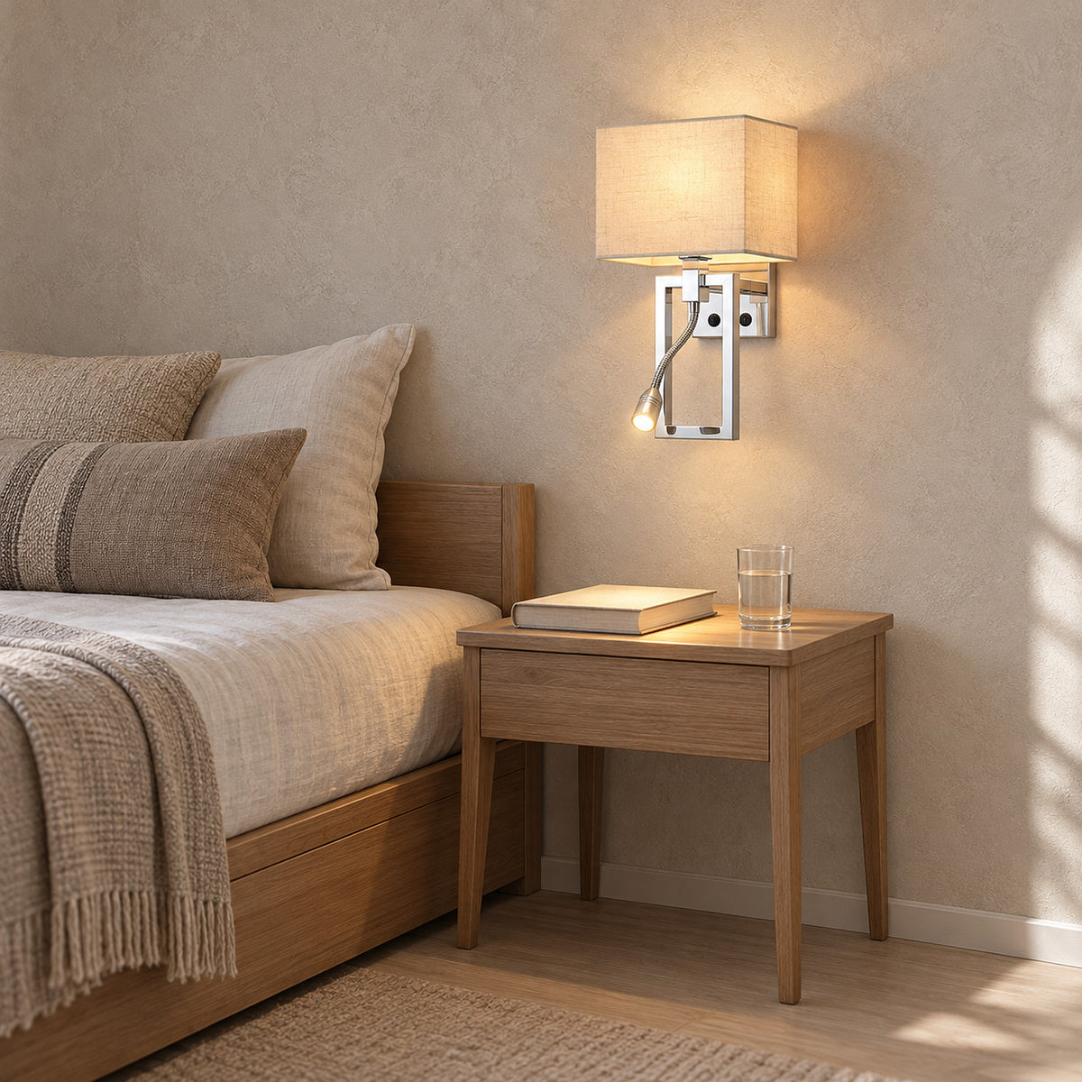 Silarno chrome bedside wall light mounted on the wall, leaving bedside space free for essentials in a library alcove