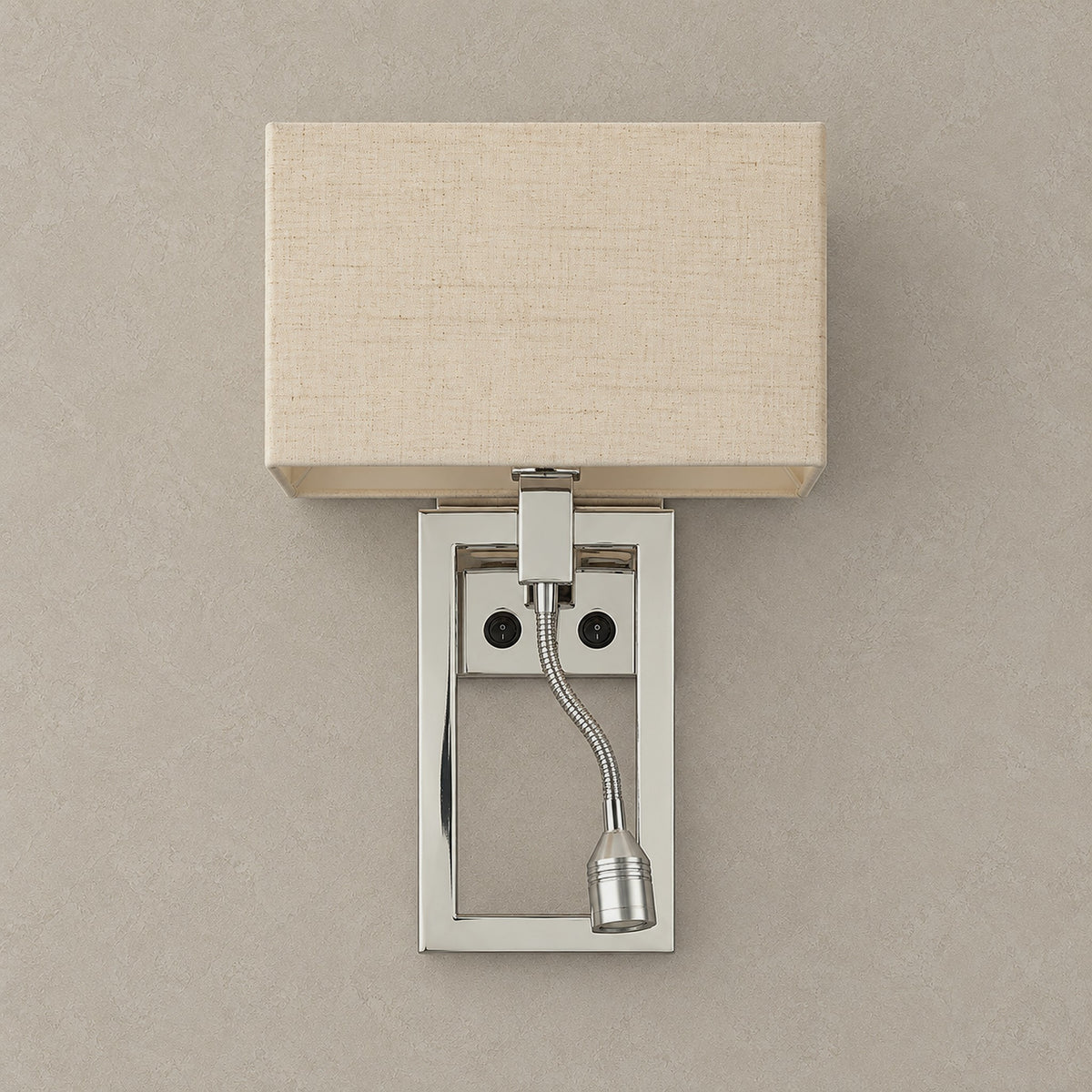 Silarno chrome hardwired wall sconce with white fabric shade and gooseneck reading lamp, both switched off