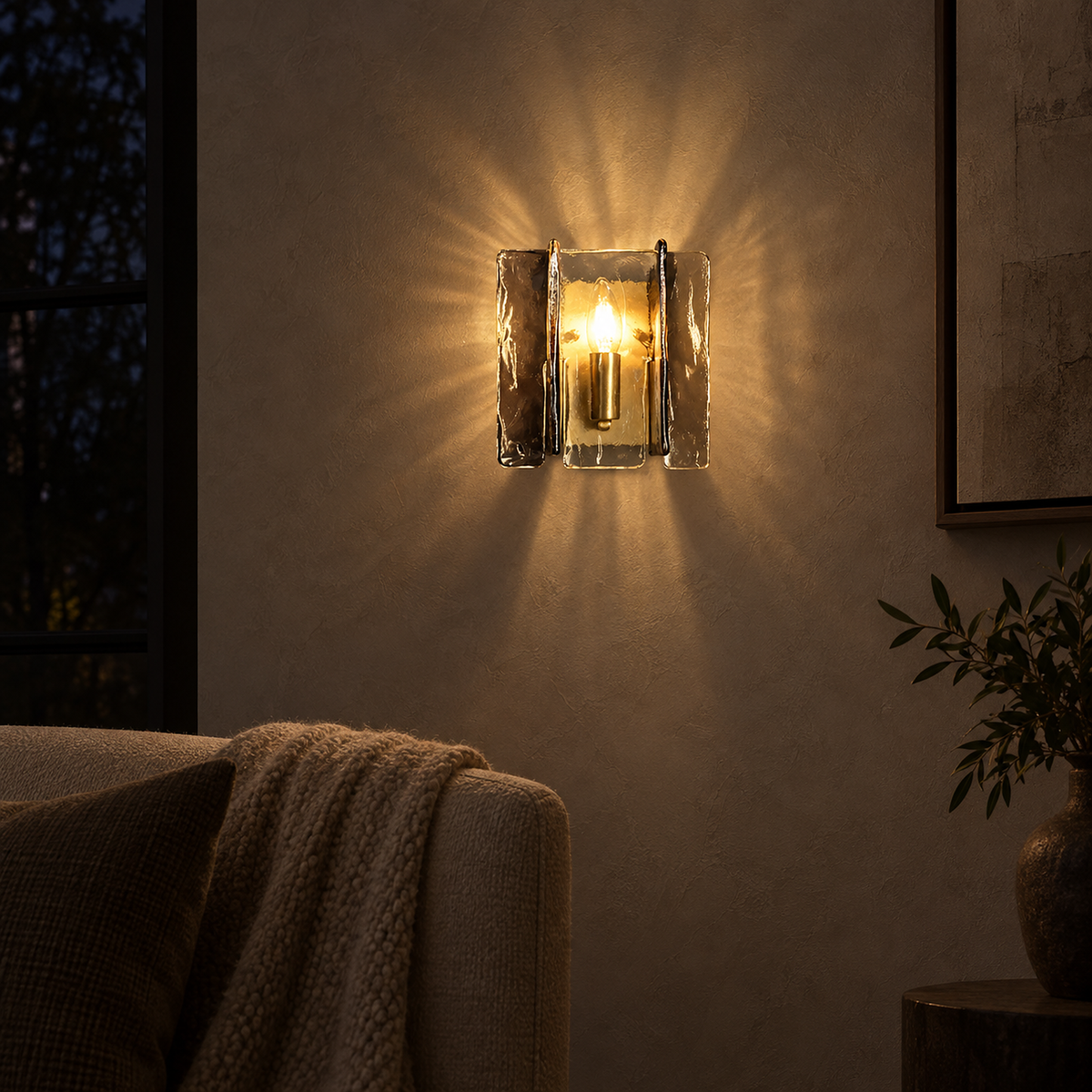 Simaelo black glass wall lamp splitting its warm glow up and down living room plaster