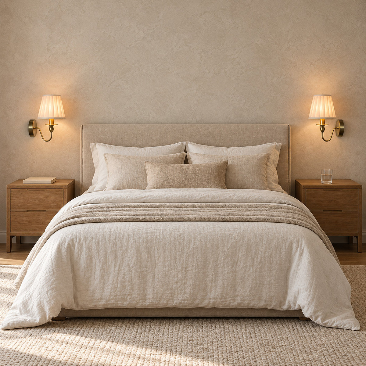 Siralto gold bedside wall light pair glowing beside a made bed in a bedroom