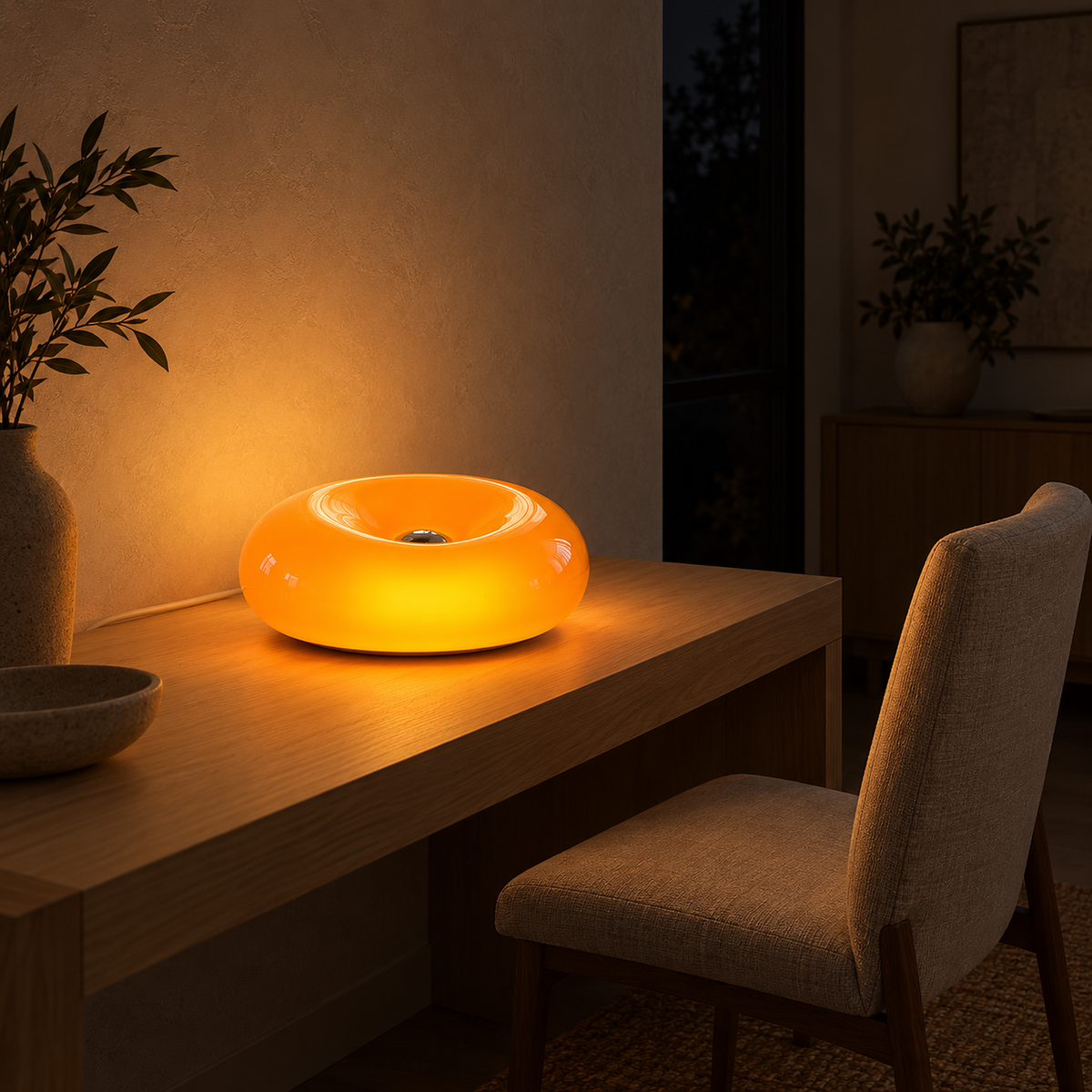 Siravel orange LED wall sconce set on a tabletop at night, spreading warm light across the dining room