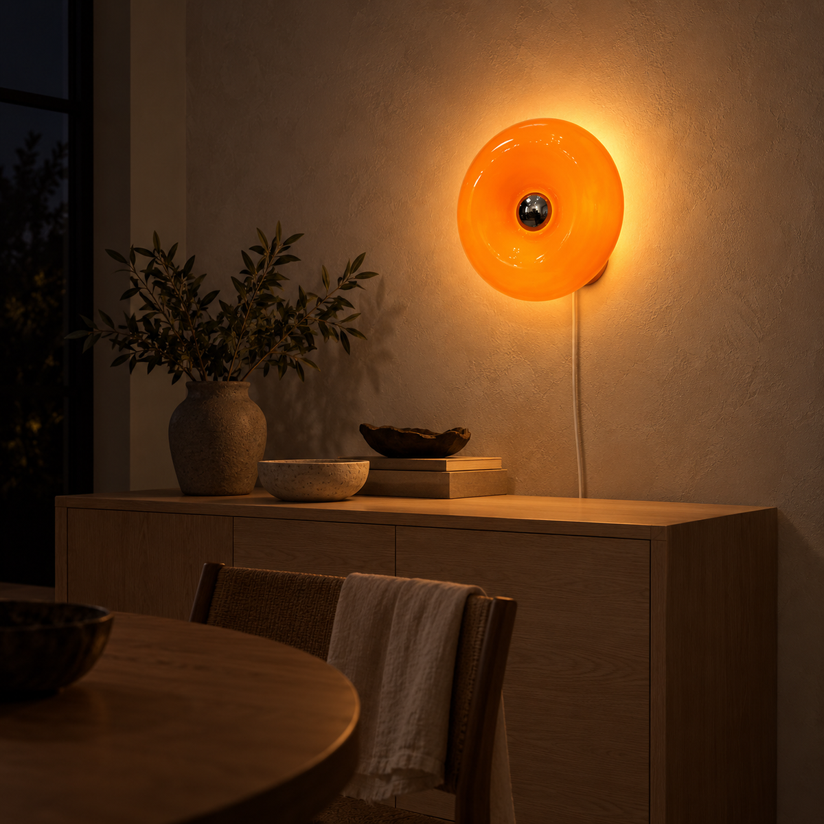 Siravel orange plug in wall light glowing at night and throwing a halo across the dining room wall