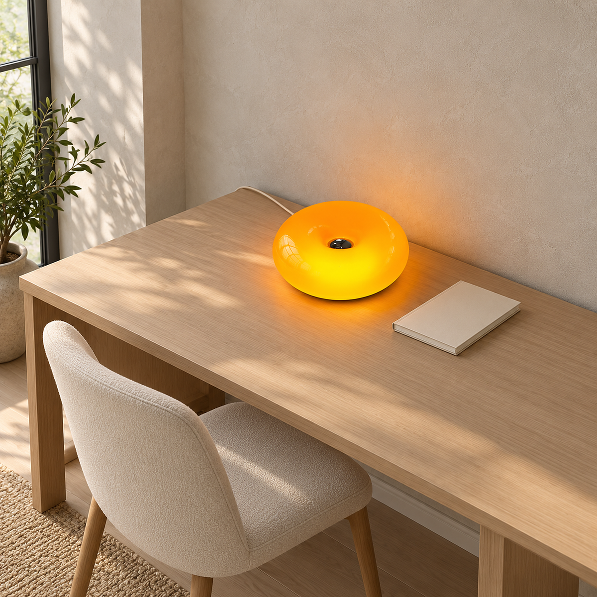Siravel orange plug in wall light glowing on a home office desk beside a plain notebook