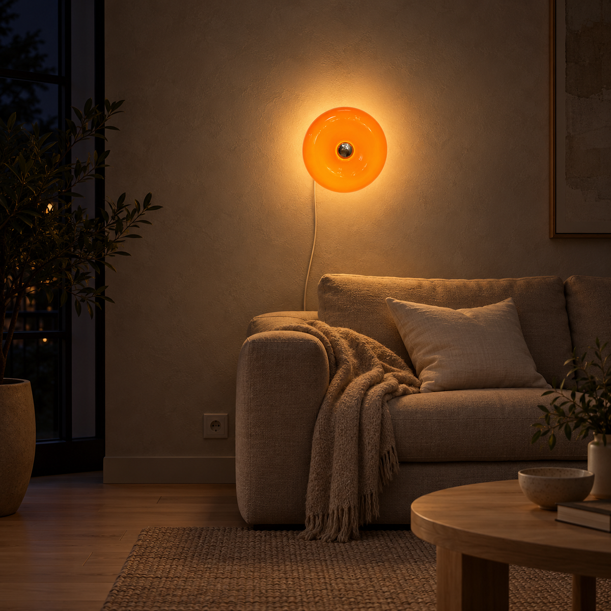 Siravel orange plug in wall sconce glowing above a living room sofa at night