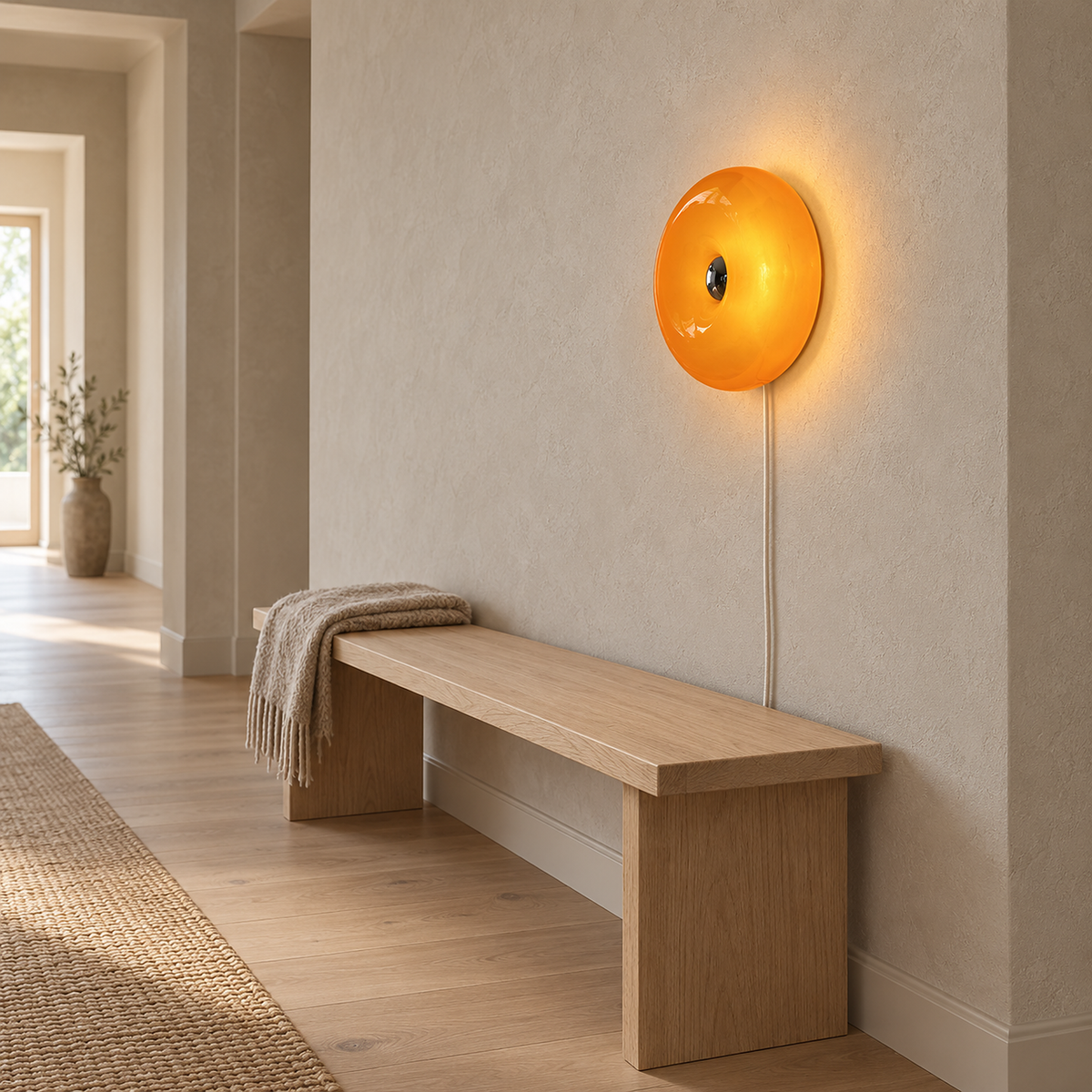 Siravel orange wall lamp glowing on a hallway wall beside a bench in daylight