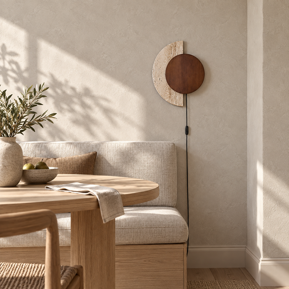 small Lomavo walnut LED wall sconce unlit beside a breakfast banquette in daylight