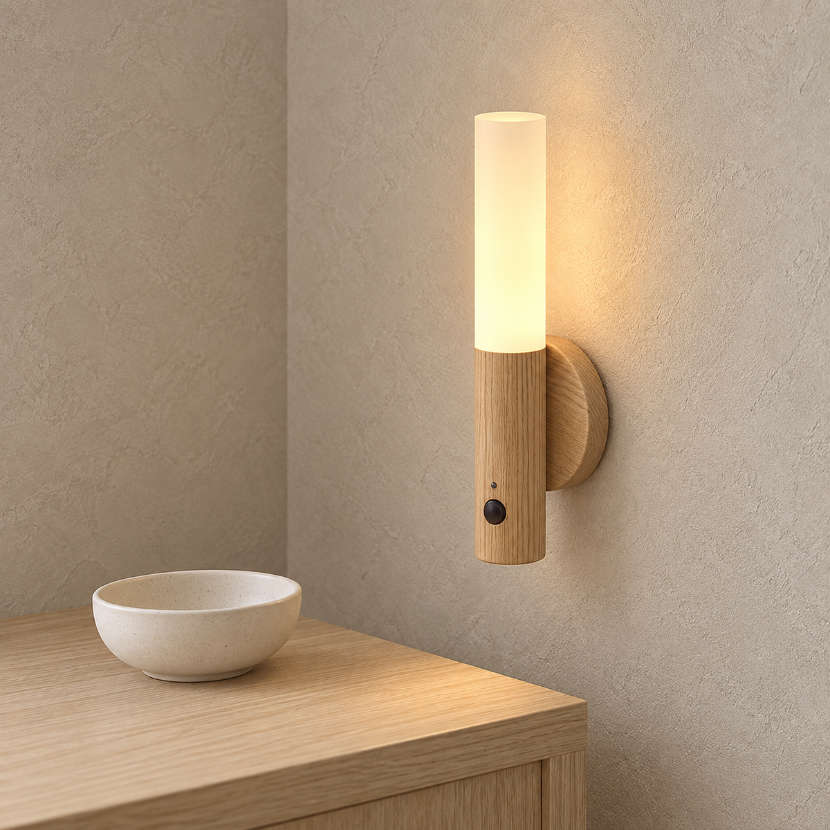 Solavre natural wood LED wall sconce lit in profile with its round magnetic wall plate #color_natural wood