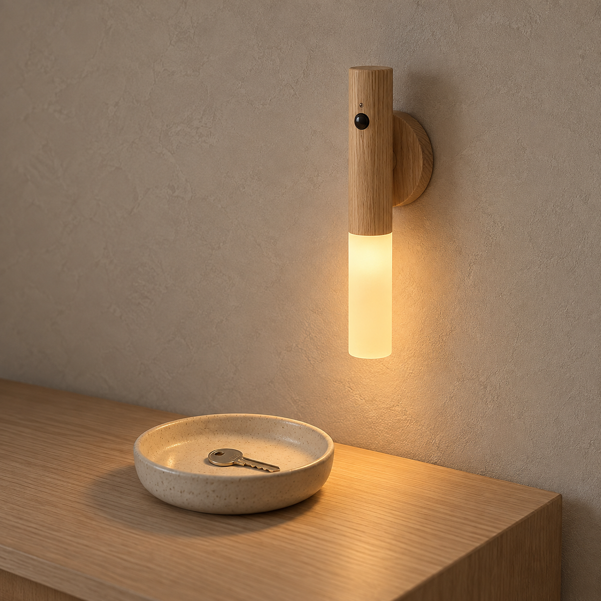 Solavre natural wood wireless wall light glowing over a catchall tray on an entry console #color_natural wood