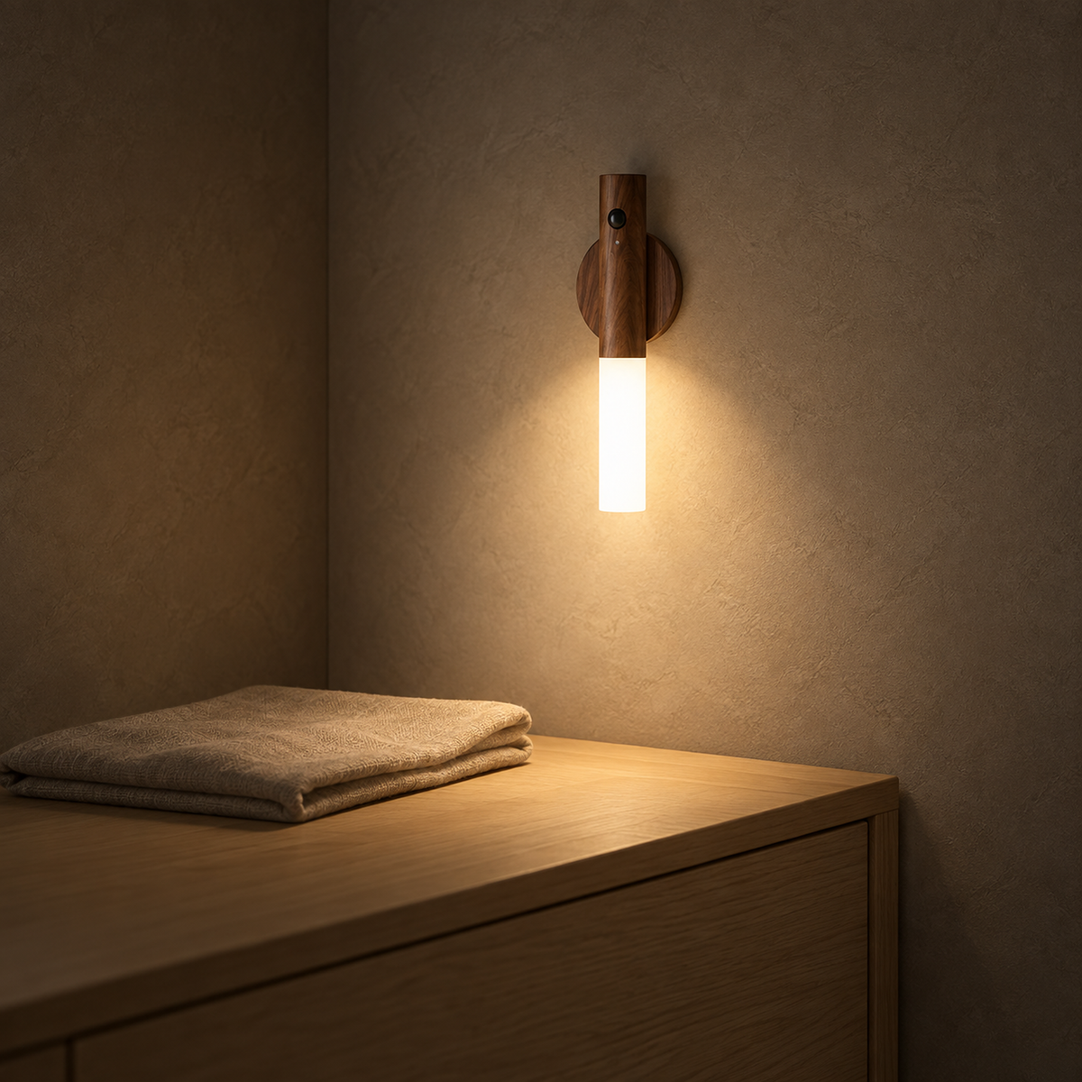 Solavre walnut battery operated wall sconce glowing in a dark dining sideboard corner at night