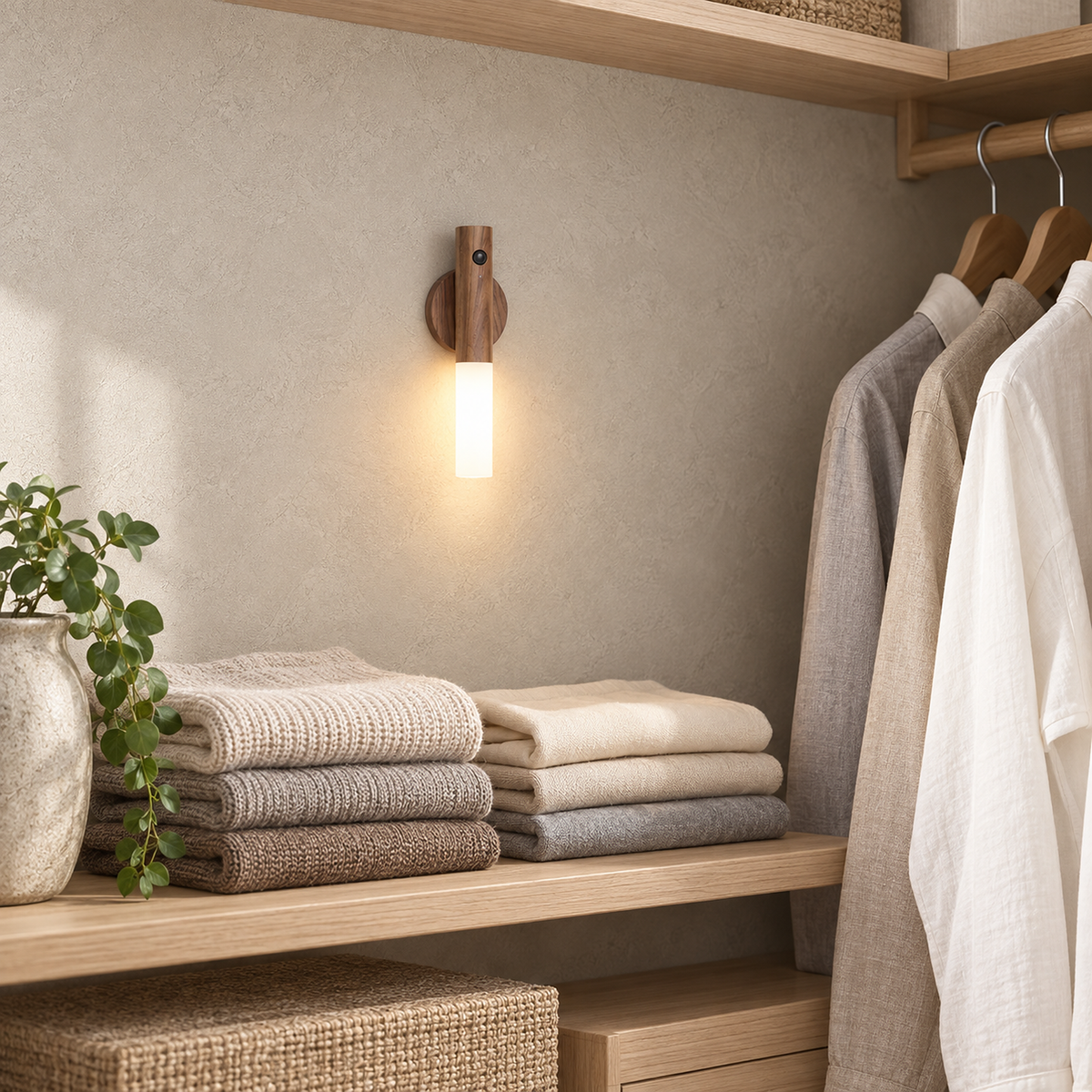 Solavre walnut battery operated wall sconce lighting a closet shelf with a low warm glow