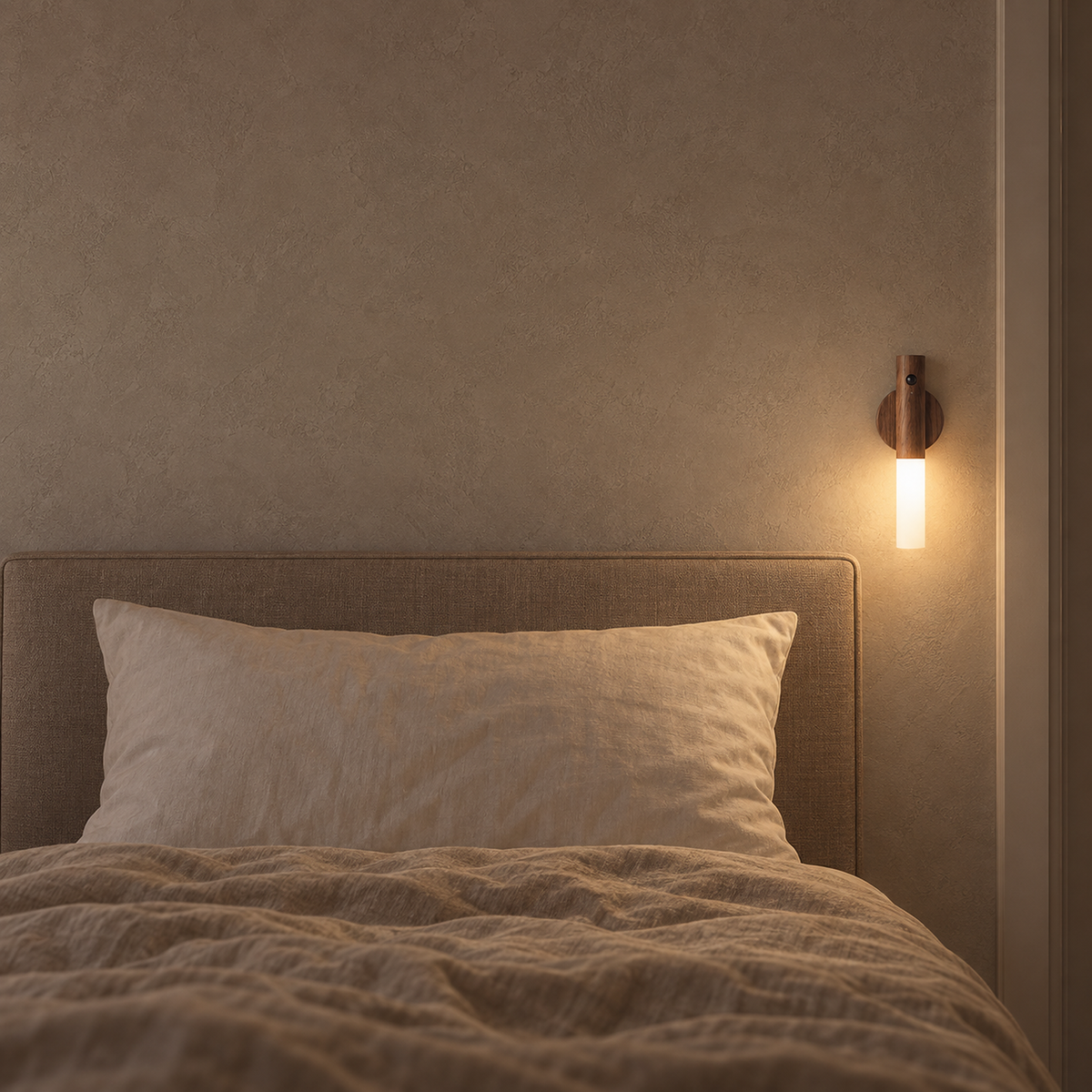 Solavre walnut bedside lamp glowing softly in a narrow gap beside a bed at low brightness