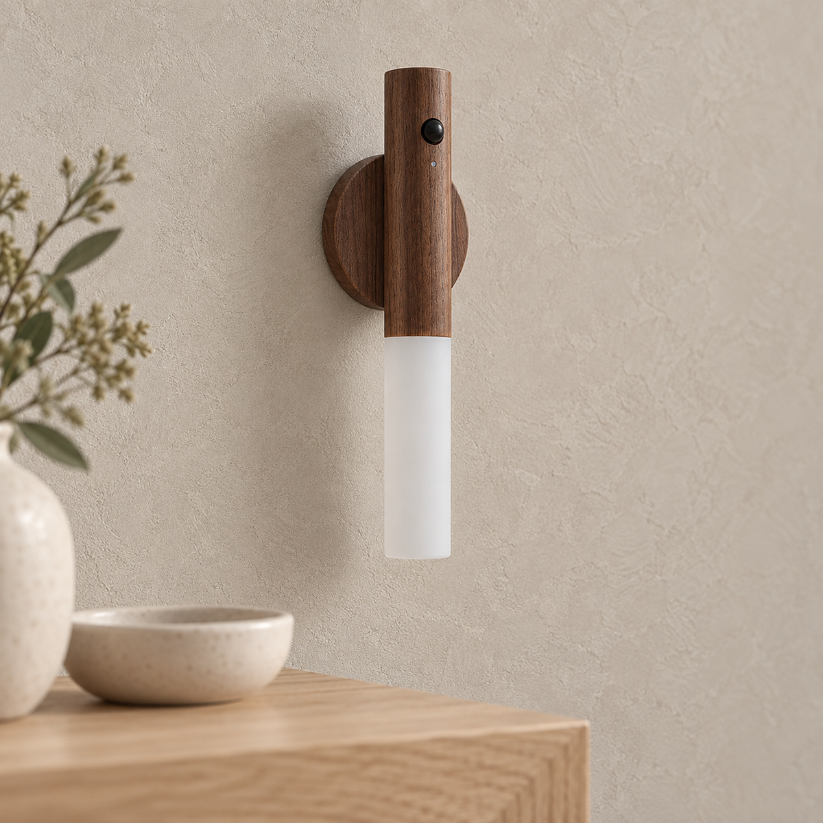 Solavre walnut LED wall sconce close up on its wood handle and frosted acrylic diffuser