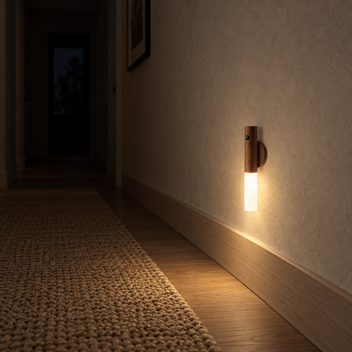 Solavre walnut LED wall sconce lit above a hallway ledge as a hand touches its wood handle