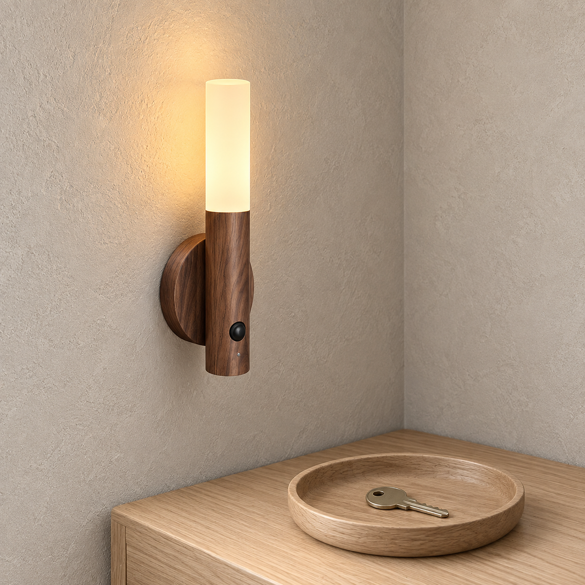 Solavre walnut rechargeable wall sconce lit on its round magnetic wall plate above an entry console