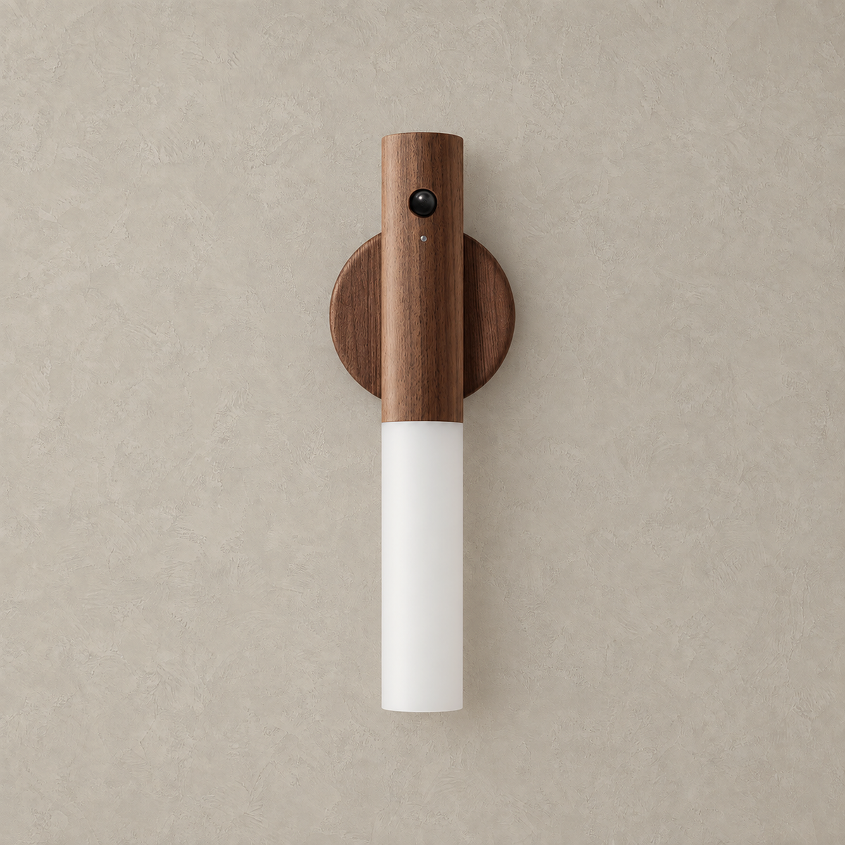 Solavre walnut rechargeable wall sconce unlit on a plain plate showing its wood body