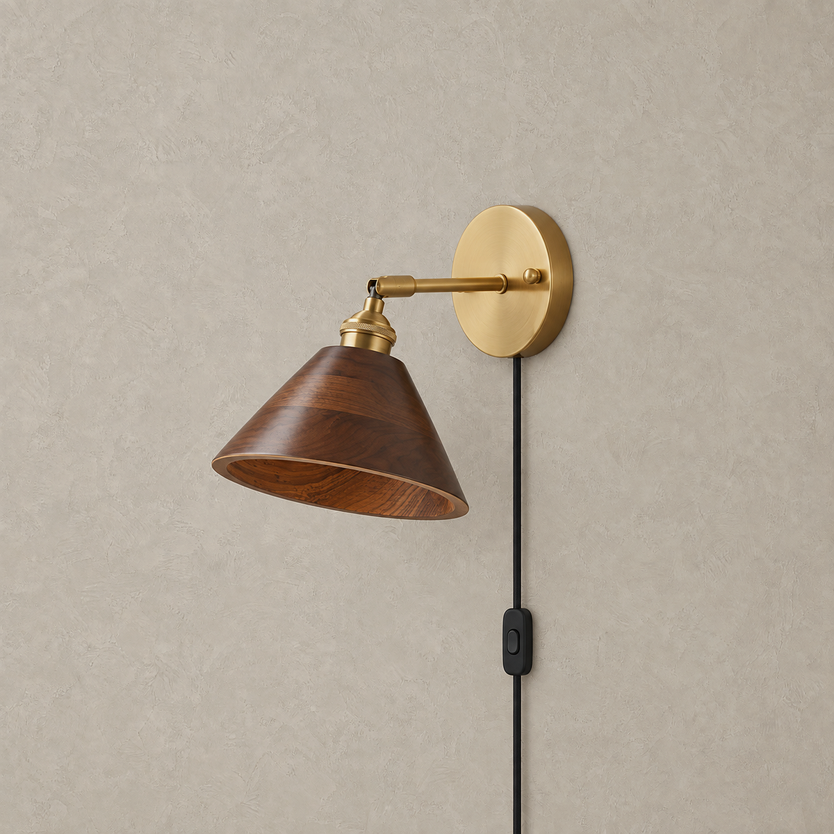 Solmeria plug in wall sconce in brass + walnut wood unlit straight on showing its circular brass backplate