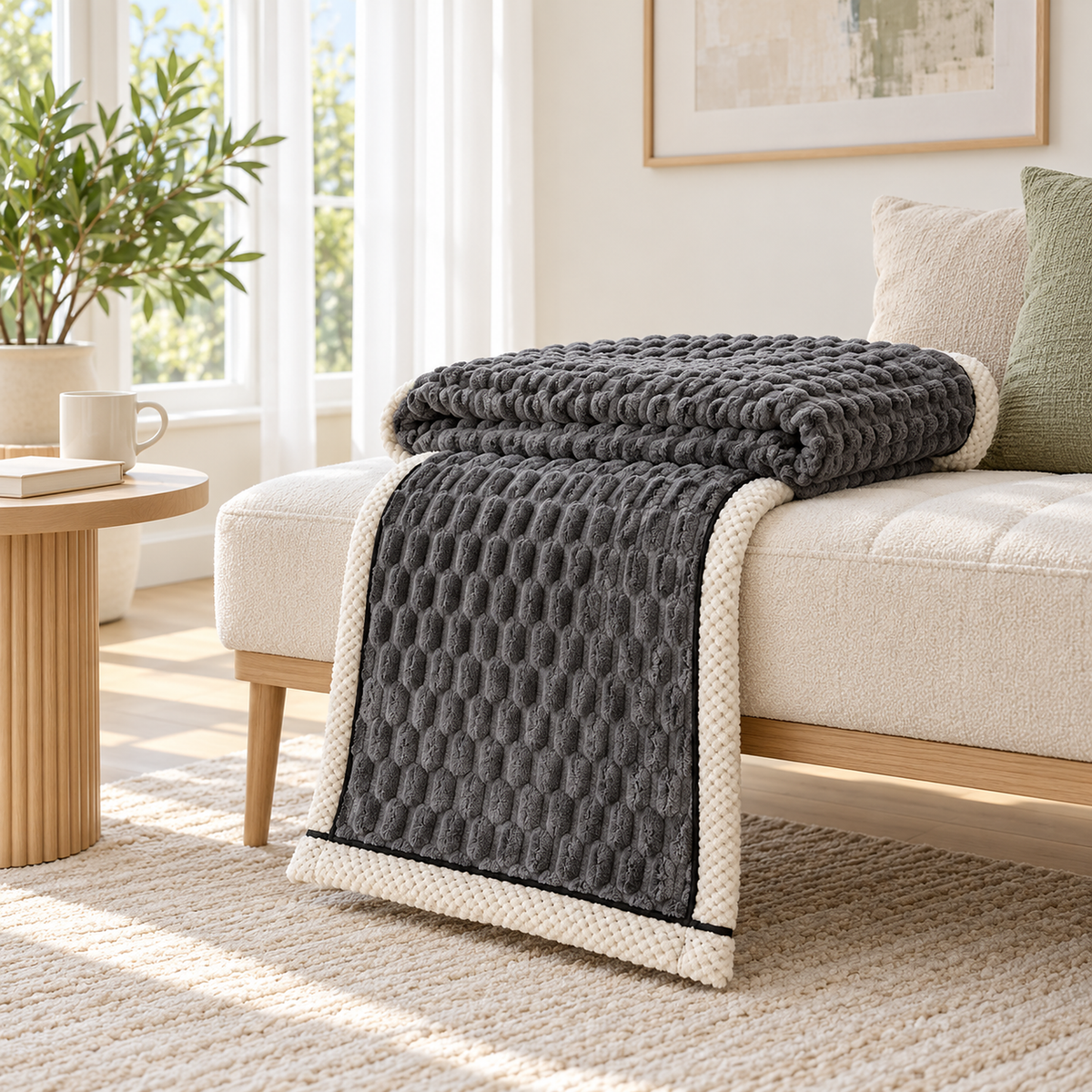 Somarel charcoal throw blanket for couch loosely folded on a bench with one end hanging down #color_charcoal
