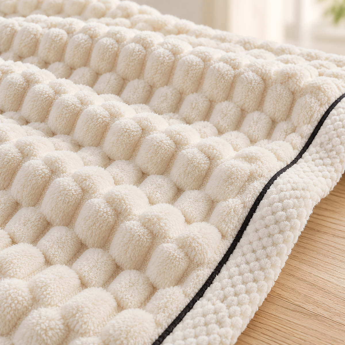 Somarel ivory cream plush throw blanket up close, showing neat rows of fuzzy raised dots