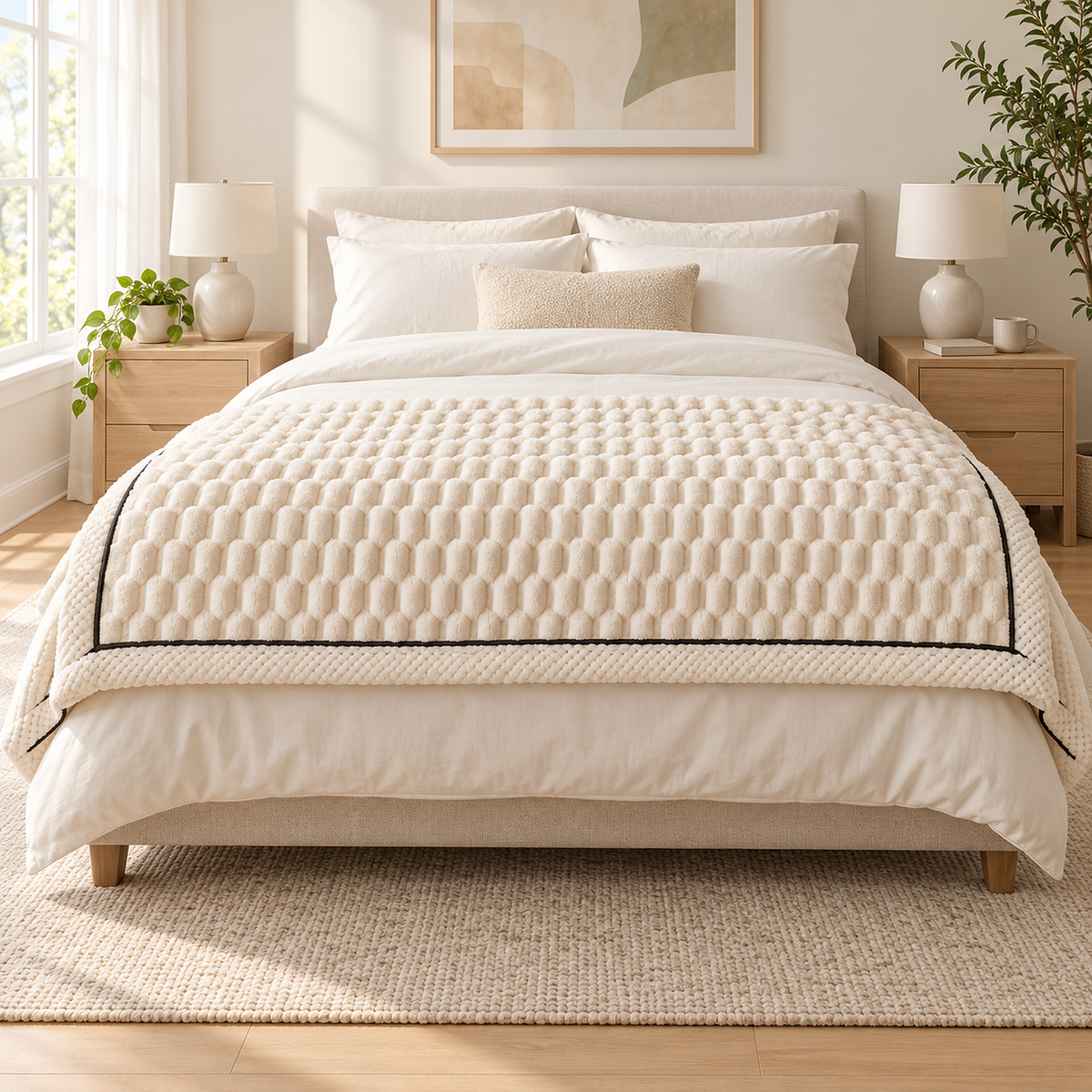 Somarel ivory cream soft throw blanket folded lengthwise across the foot of a bed in the main bedroom