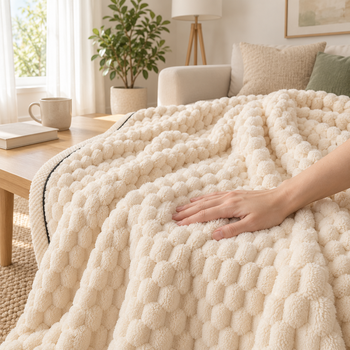 Somarel ivory cream soft throw blanket with a hand gently pressing into the raised dots