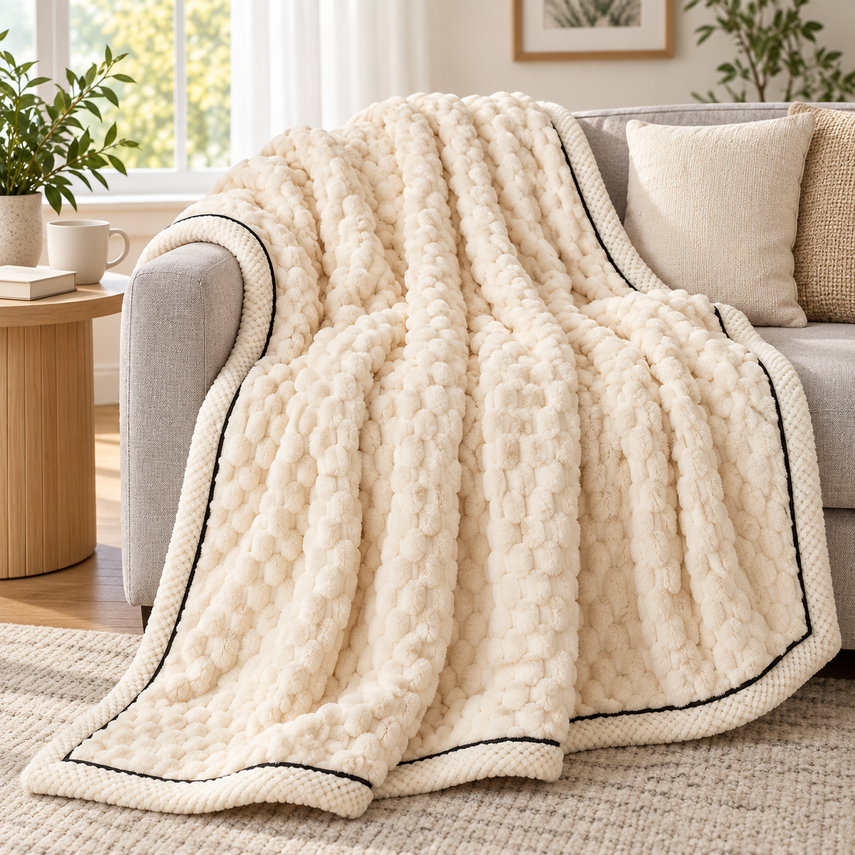 Somarel ivory cream throw blanket for couch draped over a sofa arm with its raised dots in view