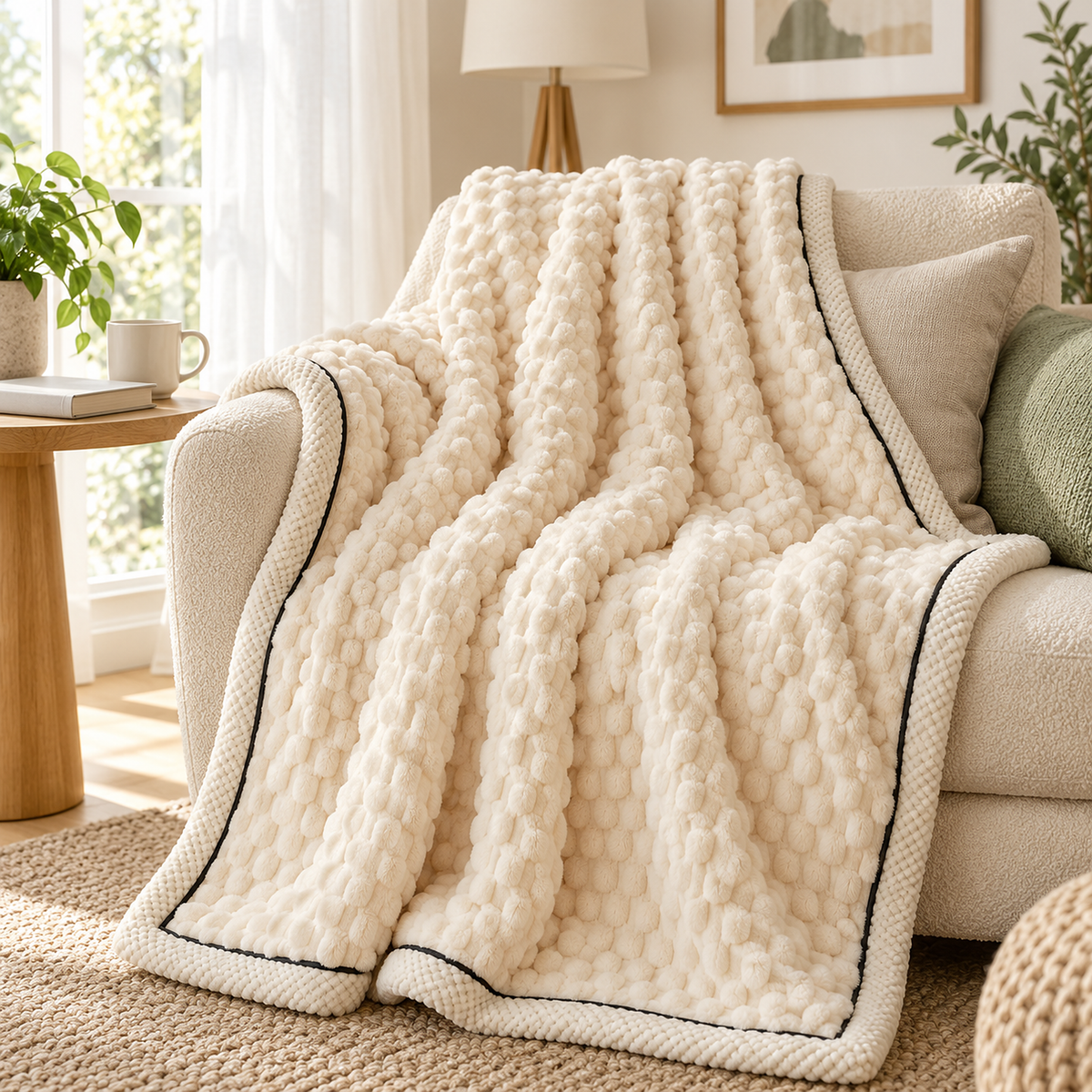 Somarel ivory cream throw blanket for couch in deep folds on a reading armchair beside a side table