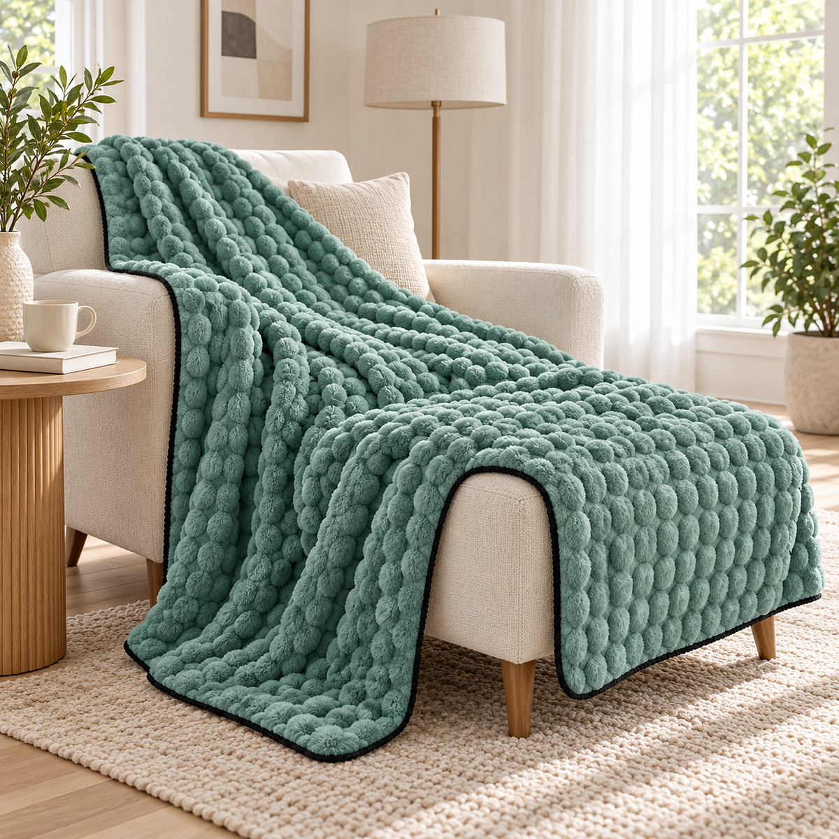 Somarel lake green soft throw blanket spread from a lounge chair onto an ottoman by an east window #color_lake green