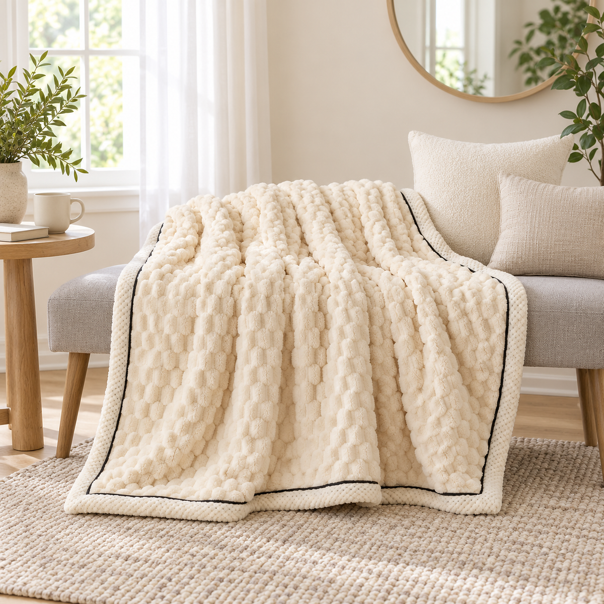 Somarel latte plush throw blanket draped over a pale low bench on a stair landing #color_latte