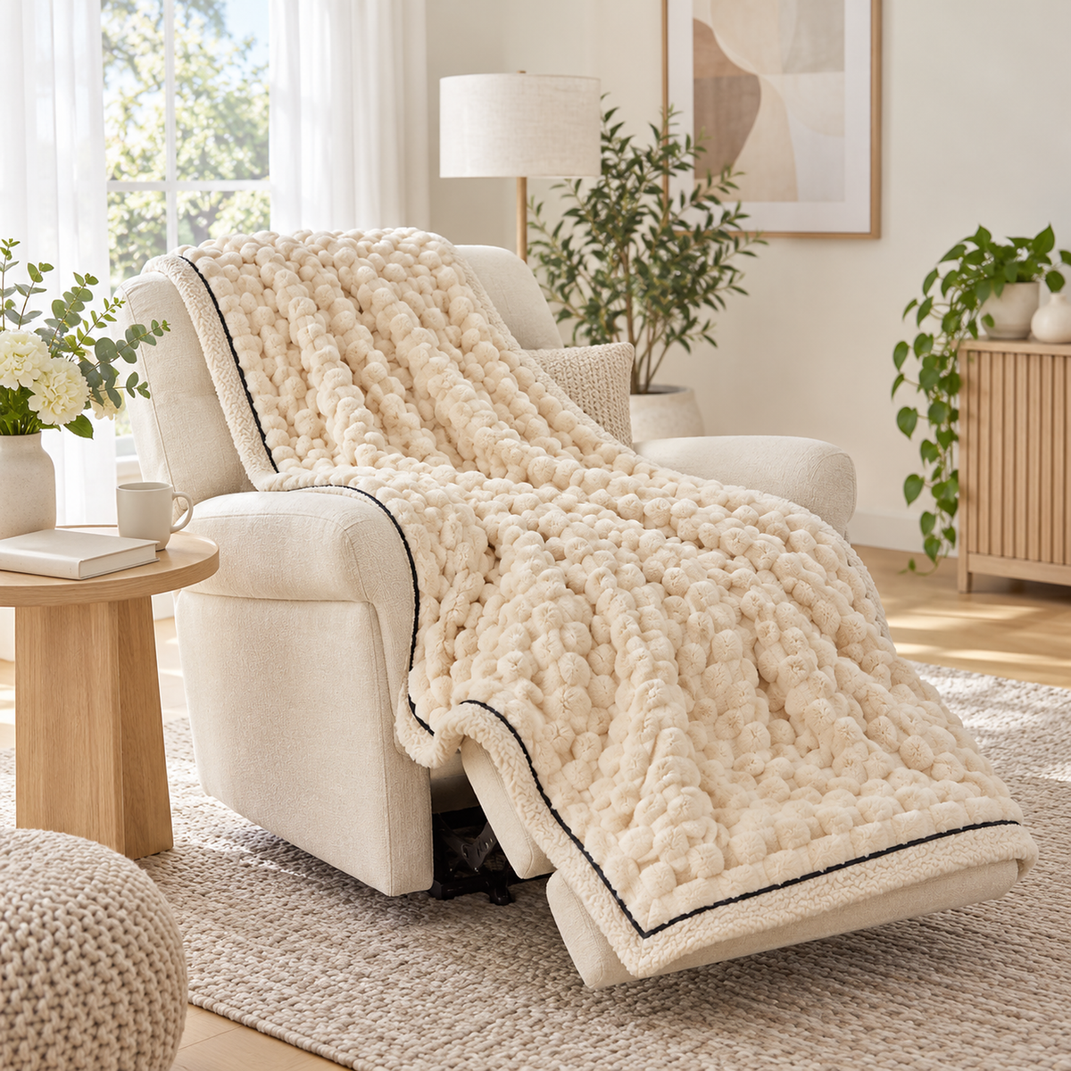 Somarel latte throw blanket for couch spread along an ivory reclining chair in a quiet corner #color_latte